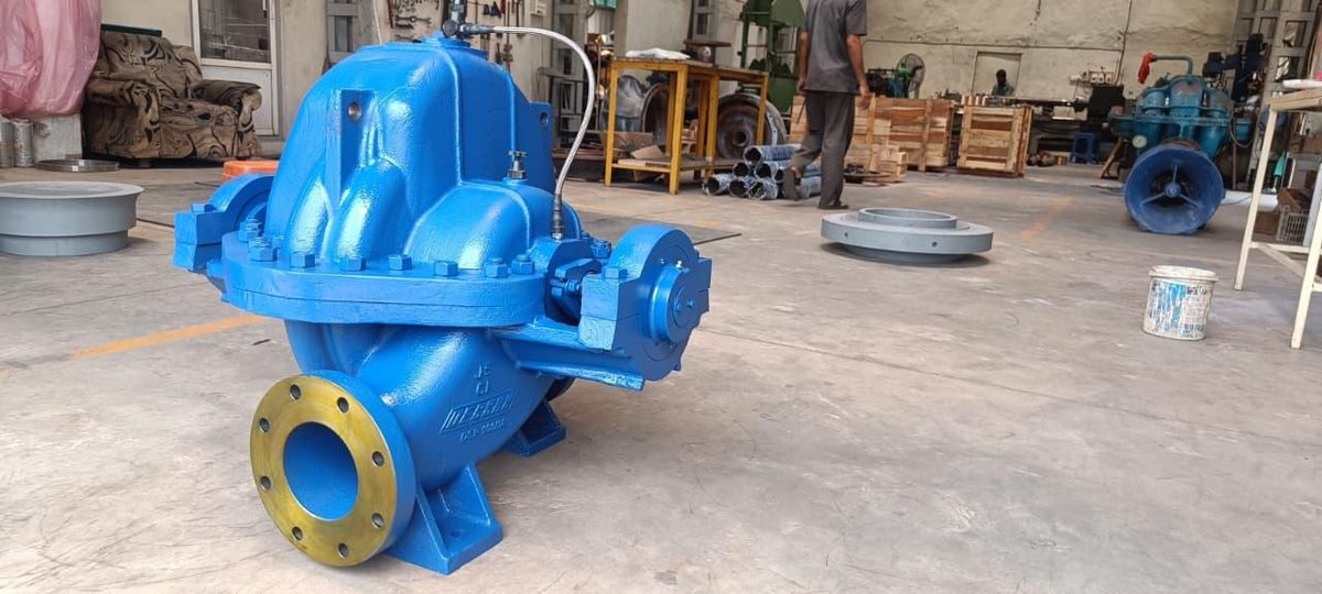 Blue split case pump side view